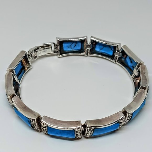 Stabilized Turquoise 11x7mm & Marcasite 925 Sterling Silver Bracelet 7" - Picture 5 of 11